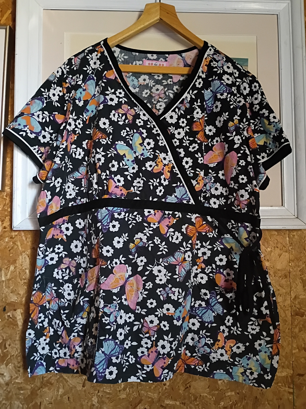 Butterfly Floral Wrap-Style Women's Top - Black / Multicolor